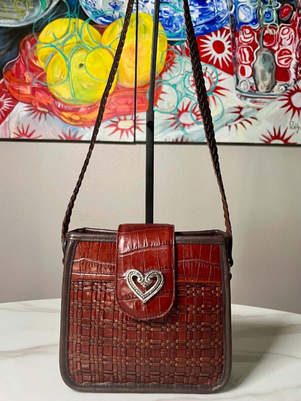 Brighton Artisan Woven Leather Brown Croc Heart Buckle Vintage Shoulder Bag
